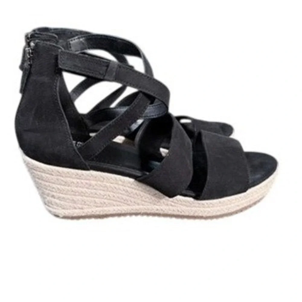 Eileen Fisher Wedge Sandals Womens 9 Black Suede Espadrille‎ Willow Strappy Zip